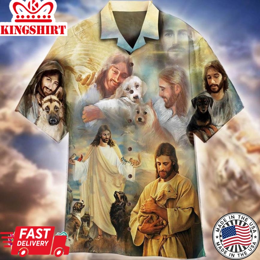 Jesus Hugging Dogs Hawaiian Aloha Beach Shirt