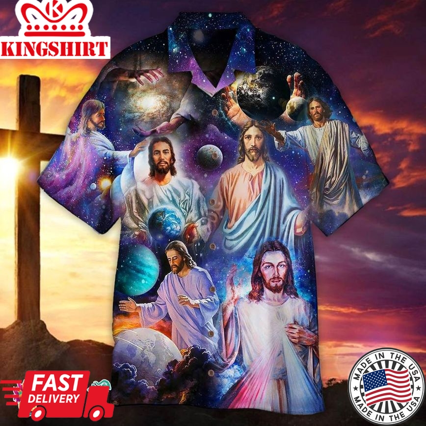 Jesus In Colorful Universe Hawaiian Aloha Beach Shirt