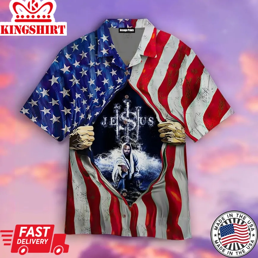 Jesus In My Heart American Flag Trendy Hawaiian Shirt For