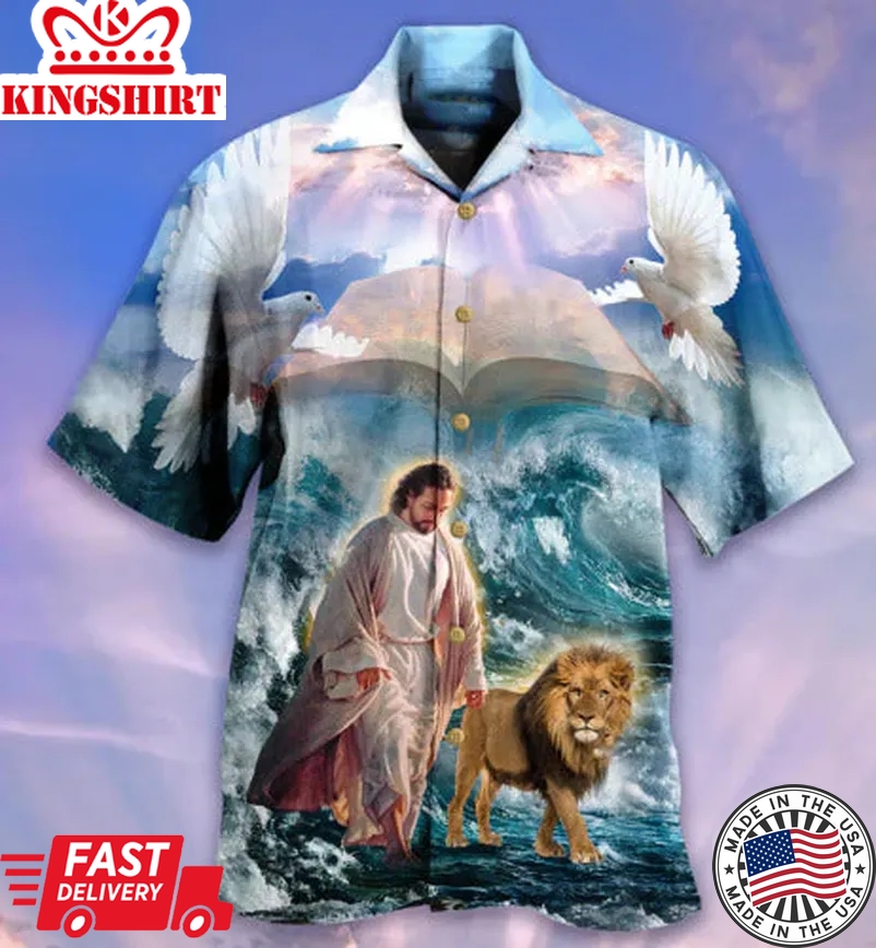 Jesus Lion Aloha Shirt, Christian Jesus Lion Faith Over Fear Trendy Hawaiian Shirt All Over Print