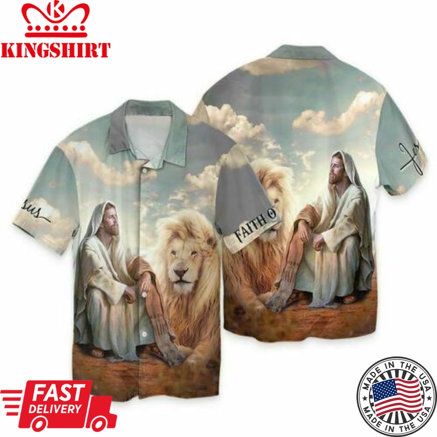 Jesus Lion Aloha Shirt, Christian Jesus Lion Faith Over Fear Trendy Hawaiian Shirt All Over Print Us Size Xs-5Xl