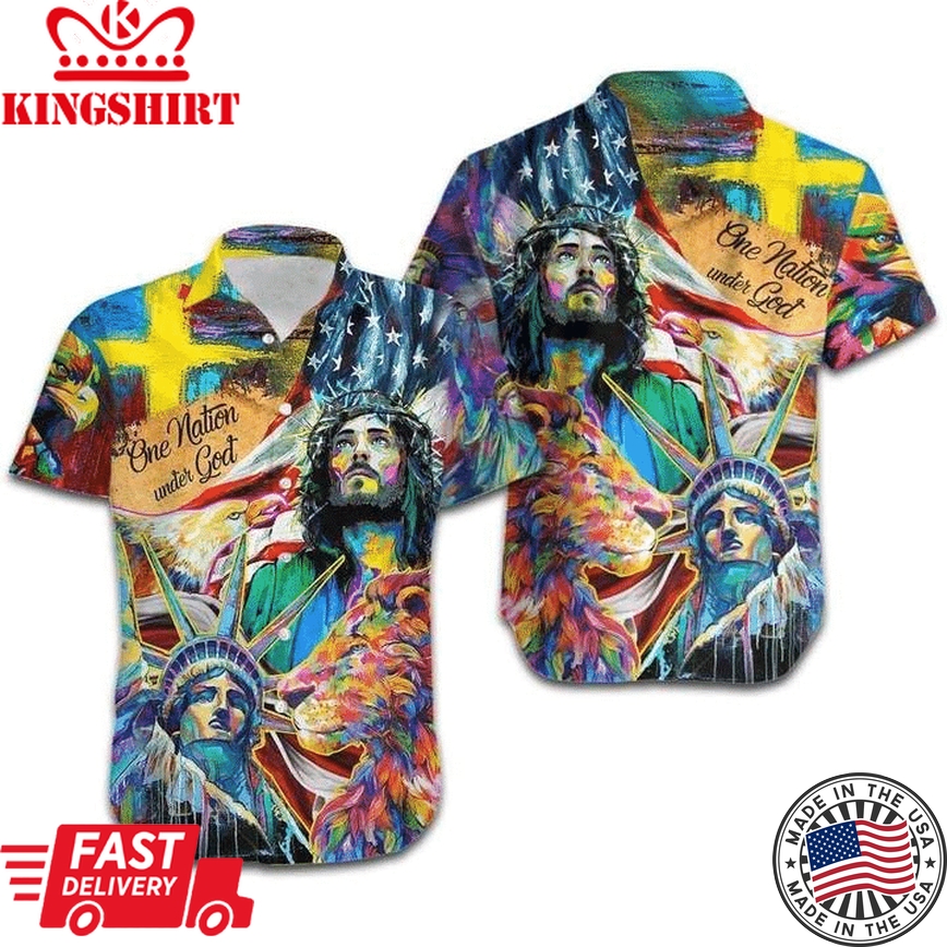 Jesus Lion One Nation Under God Colorful Hawaiian Shirt