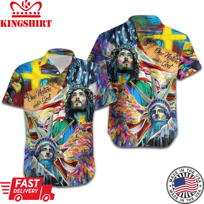 Jesus Lion One Nation Under God Colorful Trendy Hawaiian Shirt