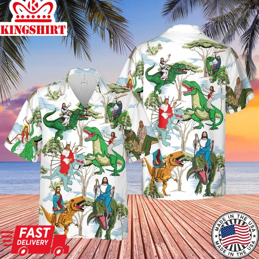 Jesus Ride A Dinosaur Trendy Hawaiian Shirt For