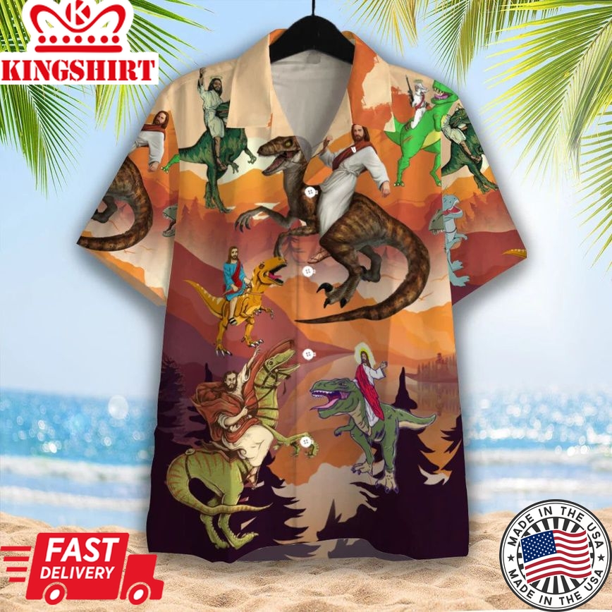 Jesus Rides A Dinosaur Orange Aloha Hawaiian Shirts For Men And For Women