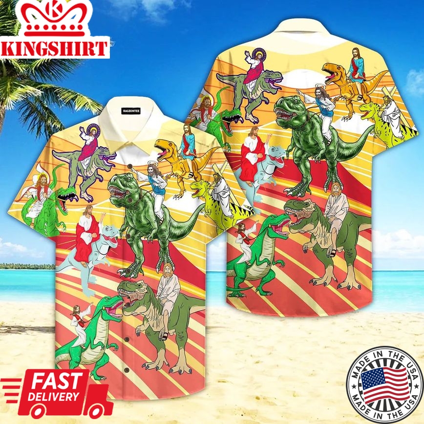 Jesus Riding A Dinosaur Aloha Hawaiian Shirts For Men And Women