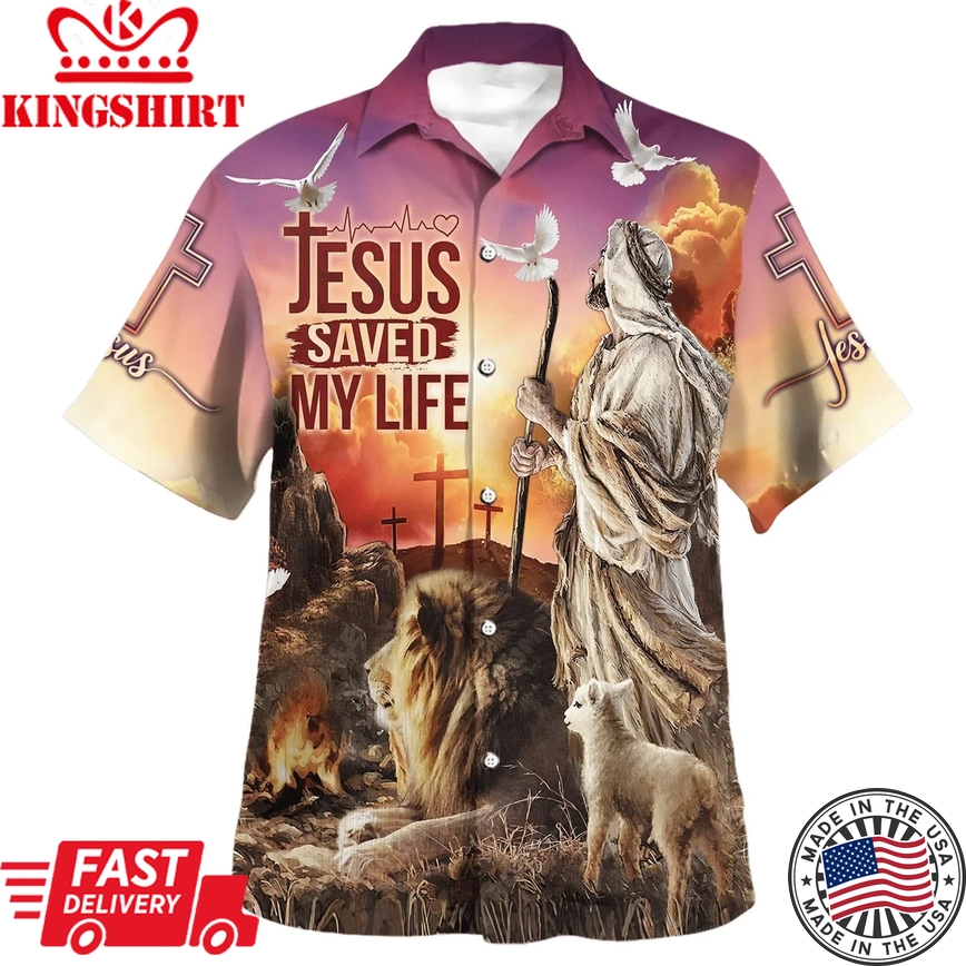 Jesus Saved My Life With The Lamb And Lion Trendy Hawaiian Shirt - Christian Trendy Hawaiian Shirt - Religious Trendy Hawaiian Shirts