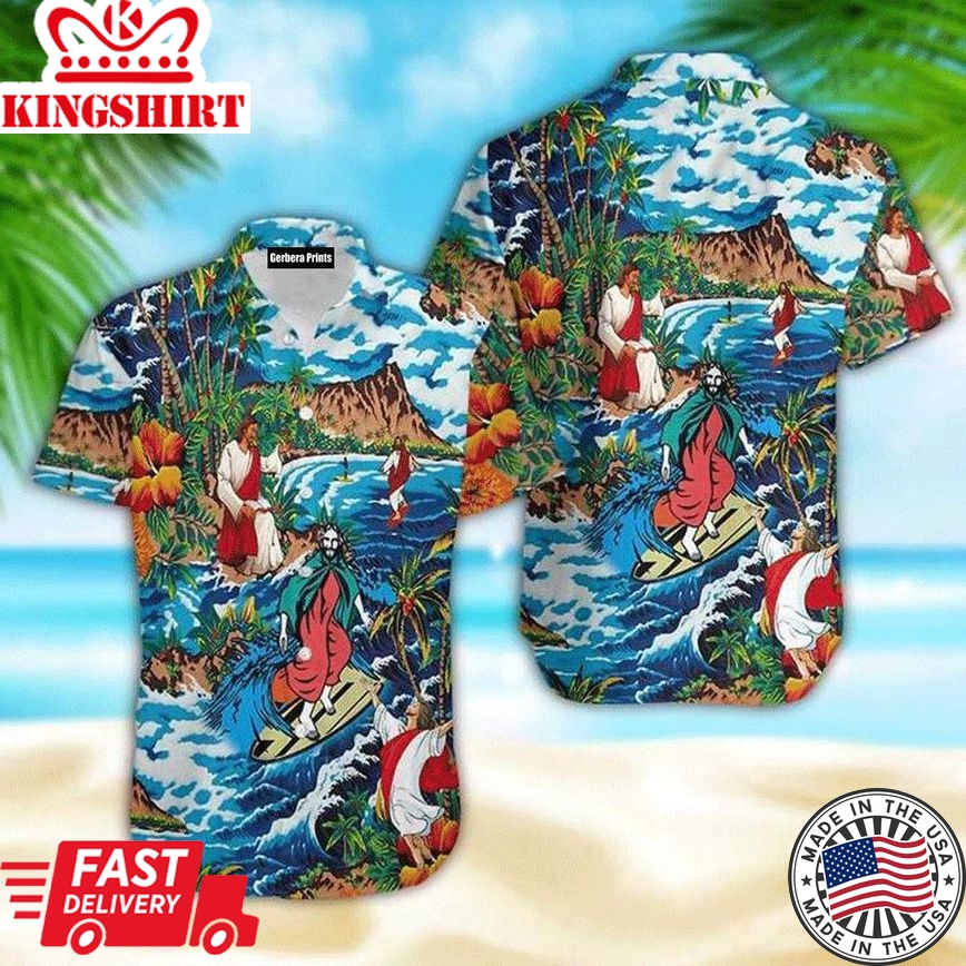 Jesus Surfing On Island Blue Aloha Hawaiian Shirts For Men And Women