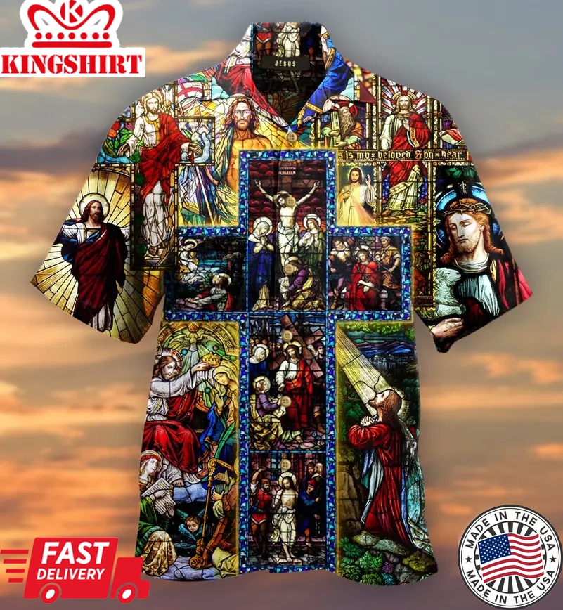 Jesus Trendy Hawaiian Shirt Christian Catholic Stained Glass Hawaii Aloha Shirt