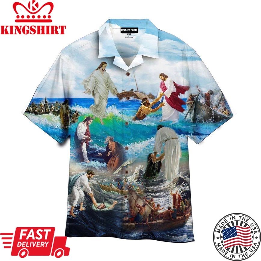 Jesus Walking On The Sea Blue Aloha Hawaiian Shirts For Men And Women