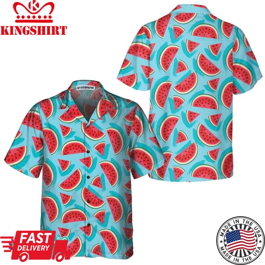 Juicy Watermelon Seamless Pattern Hawaiian Shirt, Blue Watermelon Print Shirt For Men & Women