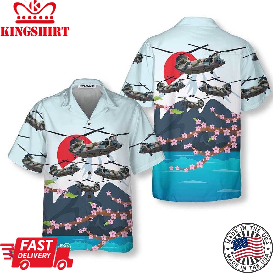 Kawasaki Ch47J Chinook Helicopter Hawaiian Shirt, Japanese Helicopter Shirt Men