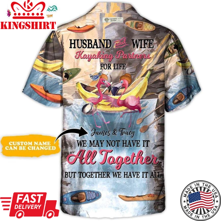 Kayaking Flamingo Husband And Wife Kayaking Partners For Life Personalized - Hawaiian Shirt - Personalized Photo Gifts Hawaiian Shirt