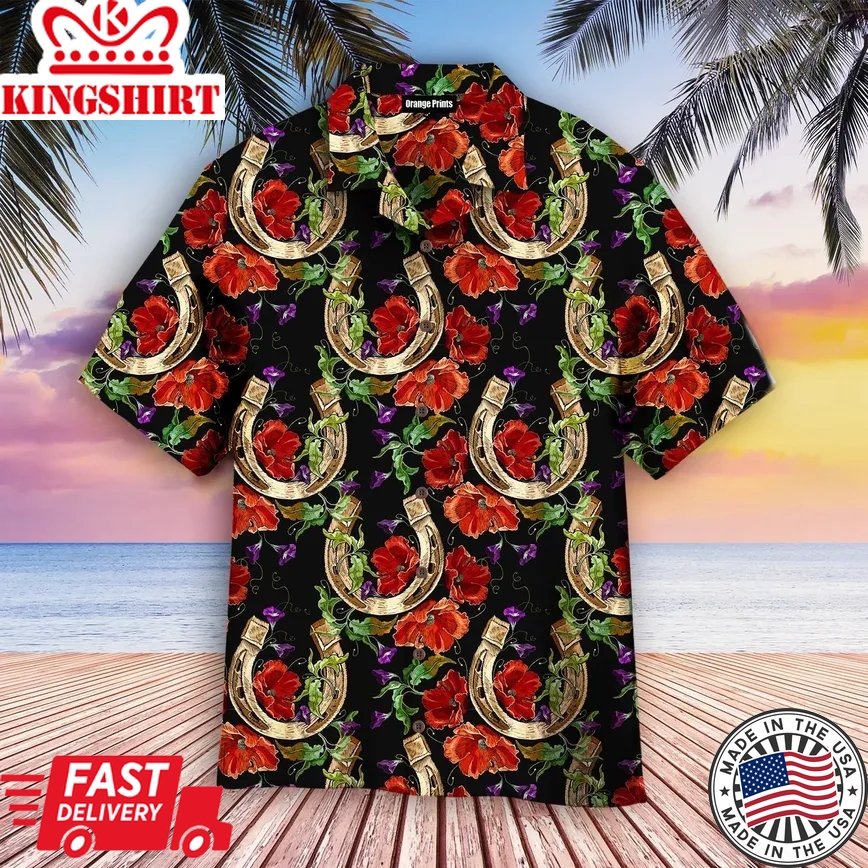 Kentucky Derby Gold Horseshoe Red Poppies Flowers Trendy Hawaiian Shirt, Horse Trendy Hawaiian Shirt For Summer Gifts