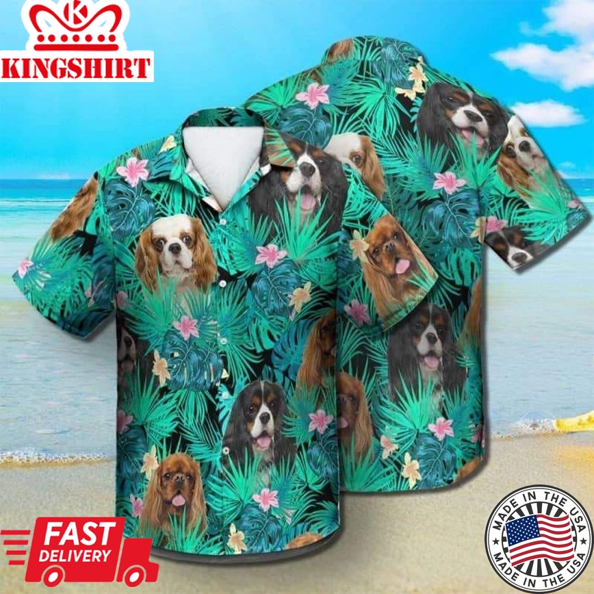 King Charles Spaniel Trendy Hawaiian Shirt, Dog Summer Leaves Trendy Hawaiian Shirt, Unisex Print Aloha Short Sleeve Casual Shirt Summer Gifts