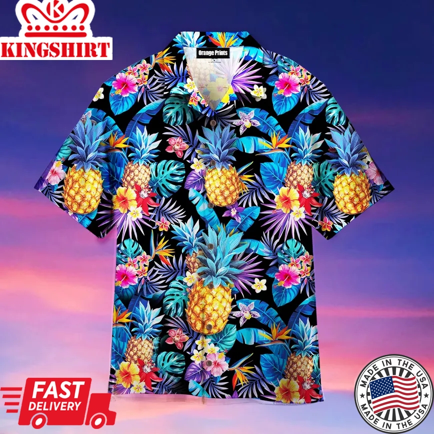 King Kameha Pineapple Hibiscus Flower Trendy Hawaiian Shirt For