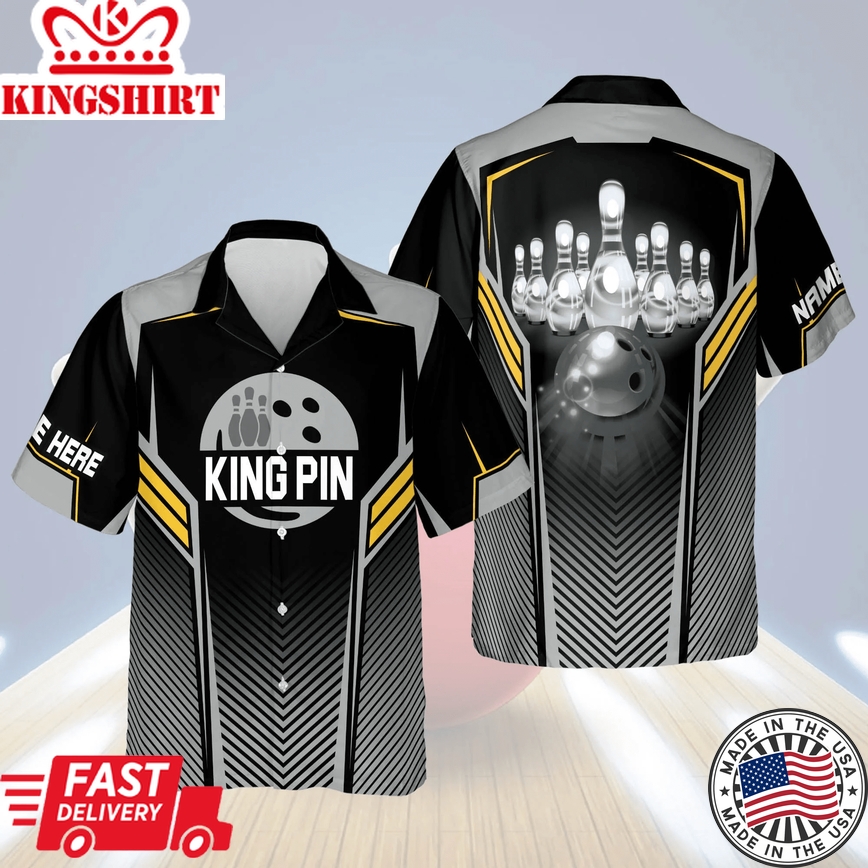 King Pins Button-Down Trendy Hawaiian Shirt, Bowling Trendy Hawaiian Shirt For Men, Bowling Team Shirt