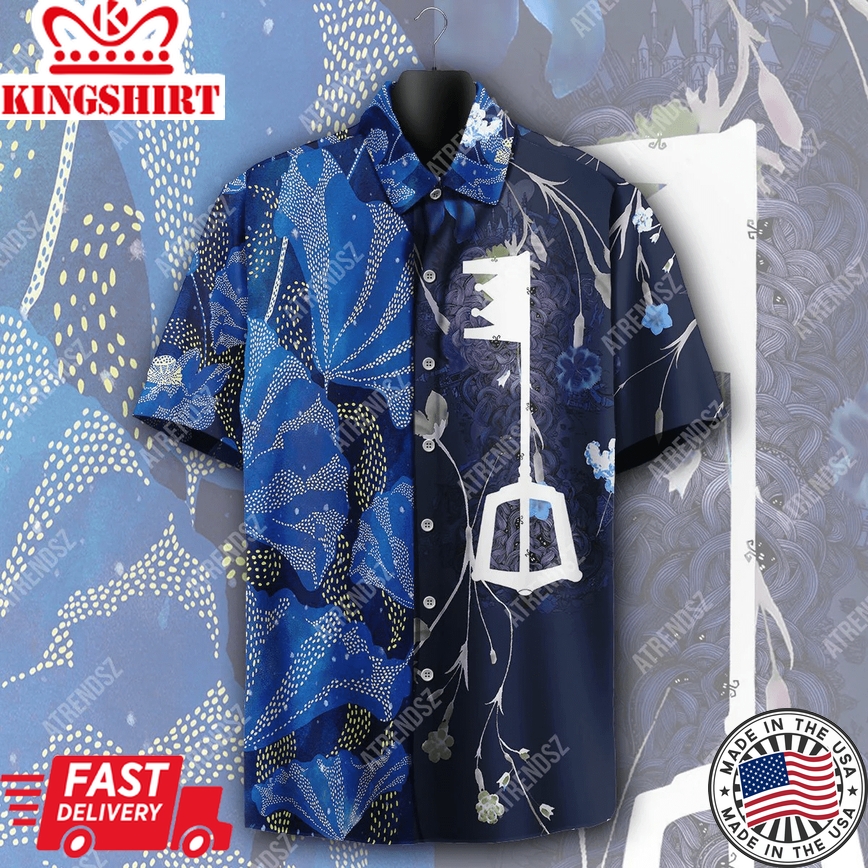 Kingdom Hearts Trendy Hawaiian Shirt Keyblade Floral Topical Blue Hawaii Aloha Shirt