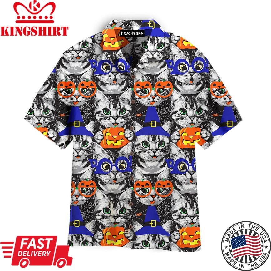 Kittens Face Witch Hat Pumpkin Halloween Pattern Aloha Trendy Hawaiian Shirts