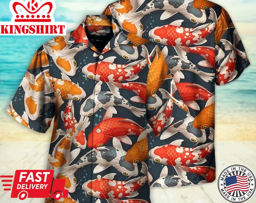 Koi Fish Swimming Colorful Crap, Gift For Summer, Gifts For Bachelor Party, Hawaiian Set Gift, Aloha Shirt, Gift For Family, Hawaii Style.