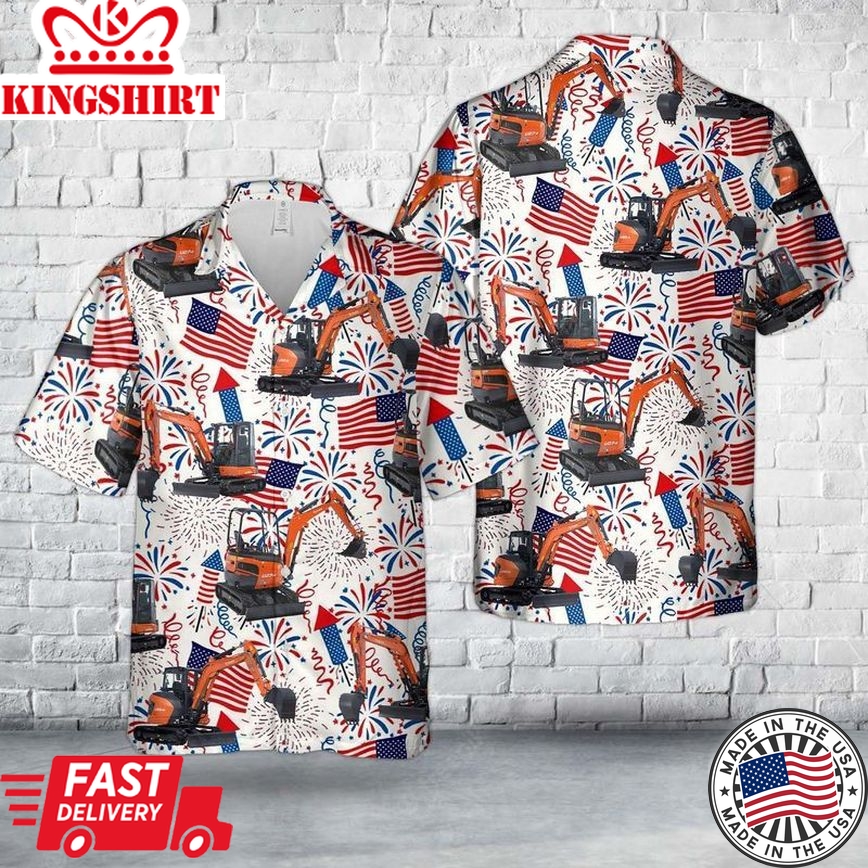 Kubota Excavator, 4Th Of July Trendy Hawaiian Shirt, Short Sleeve Trendy Hawaiian Shirt For Men