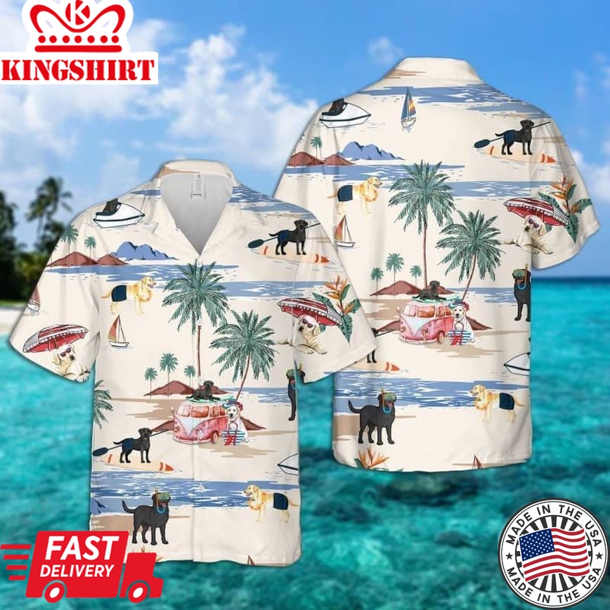 Labrador Retriever Summer Beach Trendy Hawaiian Shirt, Dog Beach Short Sleeve Trendy Hawaiian Shirt