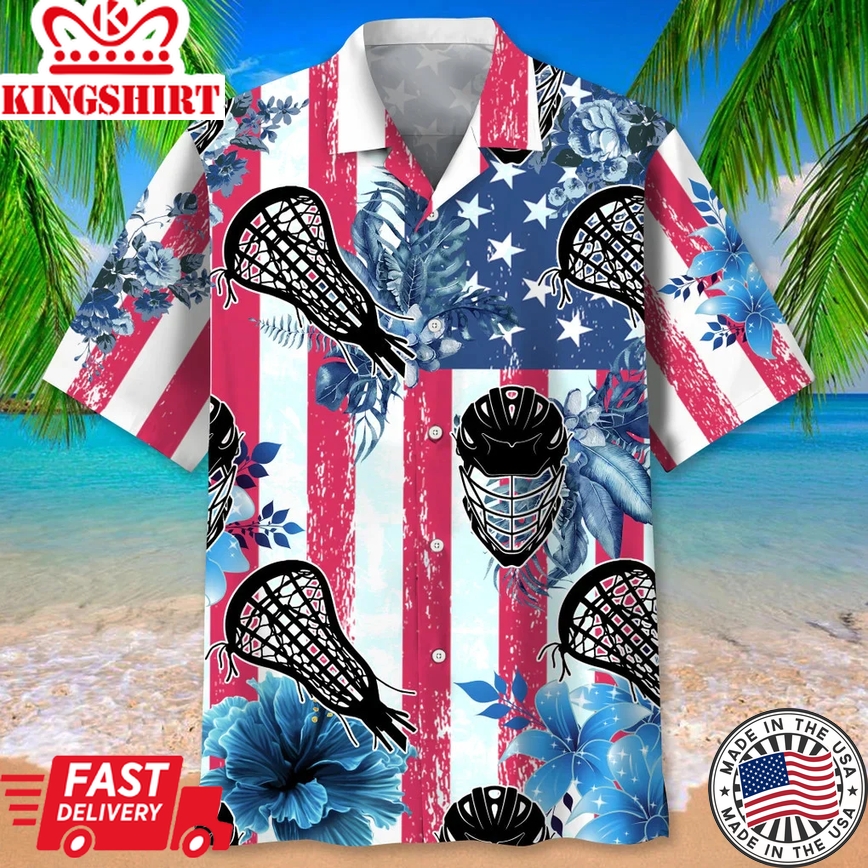 Lacrosse American Flag Trendy Hawaiian Shirt, Summer Short Sleeve Shirts For Men And Women