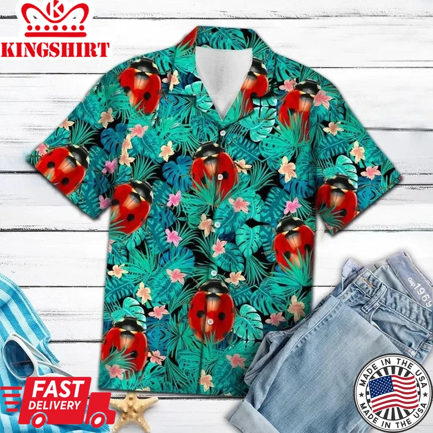 Ladybug Tropical Palm Leaves Summer Vacation Trendy Hawaiian Shirt