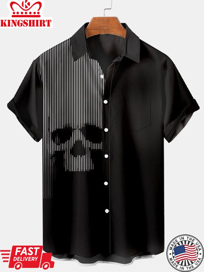 Lapel Skulls: Skull Print Men's Lapel Short Sleeve Shirt