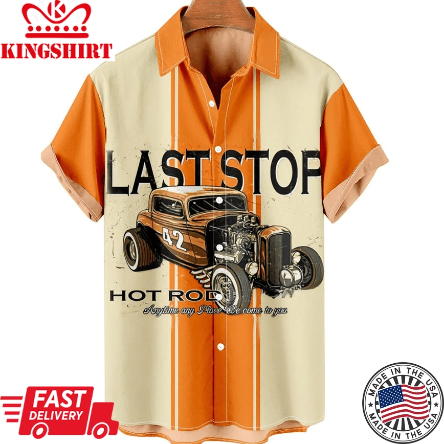 Last Stop Men's Retro Car Casual Contrast Shirt, Trendy Hawaiian Shirt Vintage, Hawaii Shirts Mens