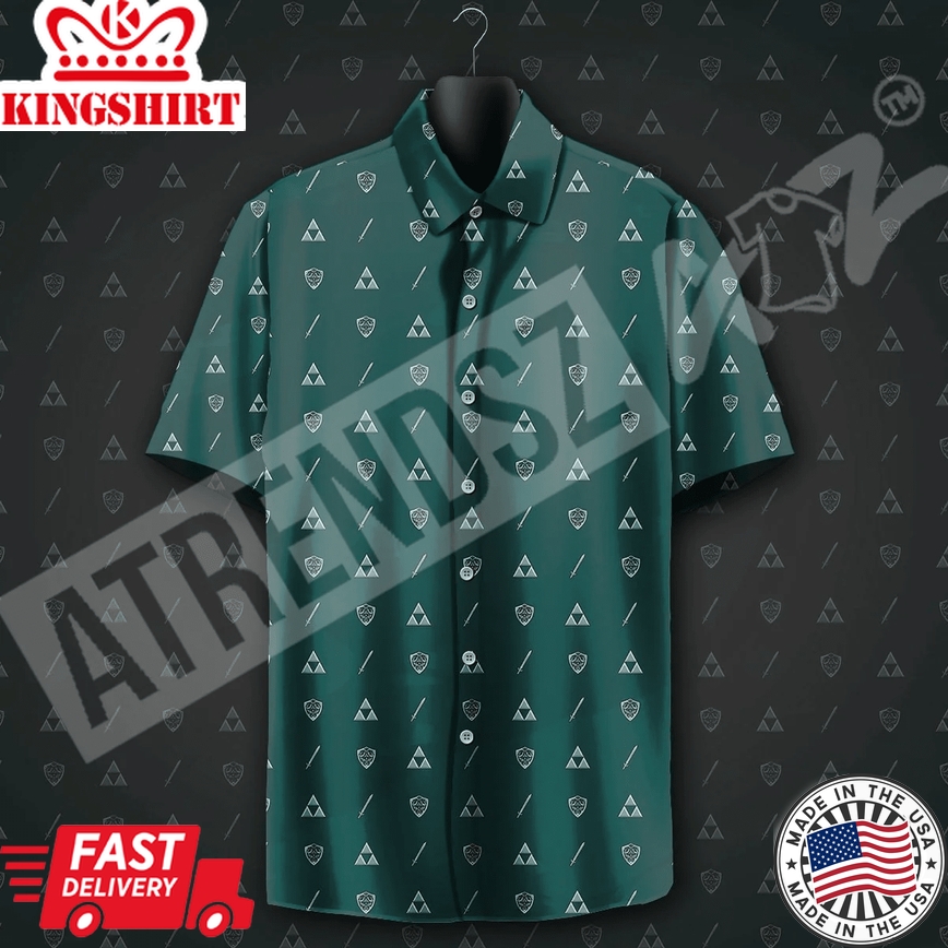 Legend Of Zelda Aloha Shirt Triforce Shield Sword Pattern Trendy Hawaiian Shirt Green Loz Hawaii Shirt Legend Of Zelda Trendy Hawaiian Shirt