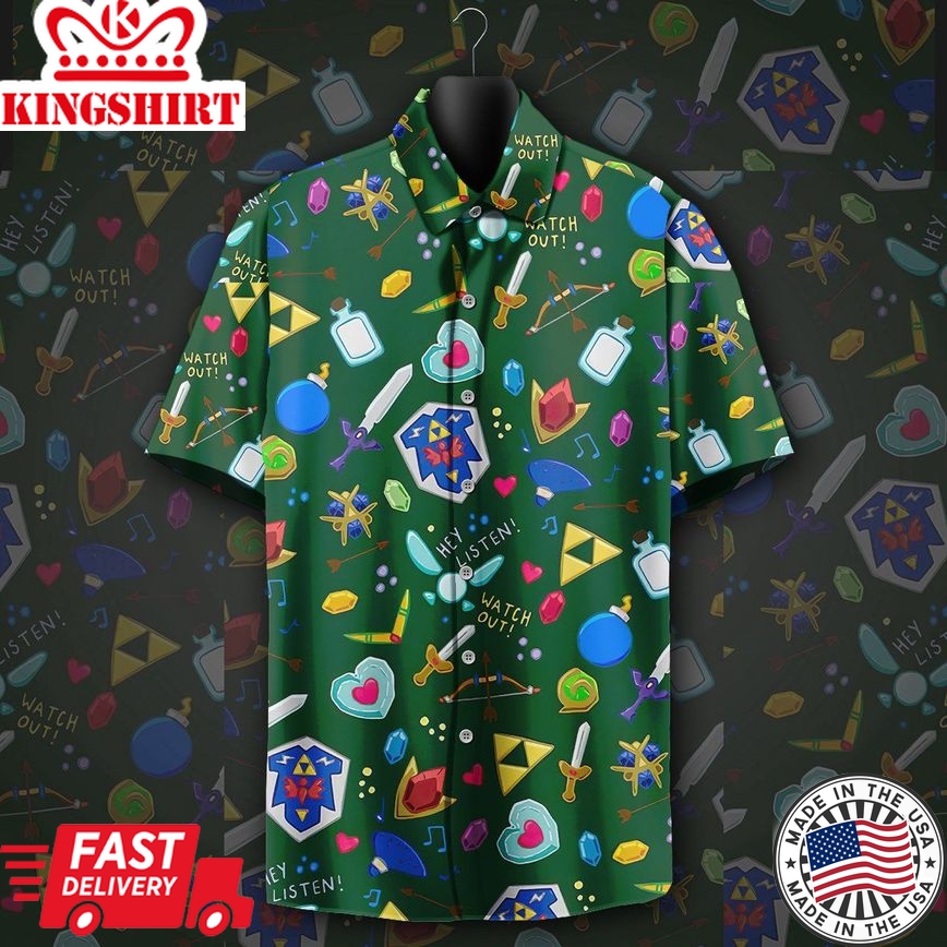 Legend Of Zelda Aloha Shirt Watch Out Listen Game Items Pattern Hawaiian Shirt Legend Of Zelda Hawai Shirt