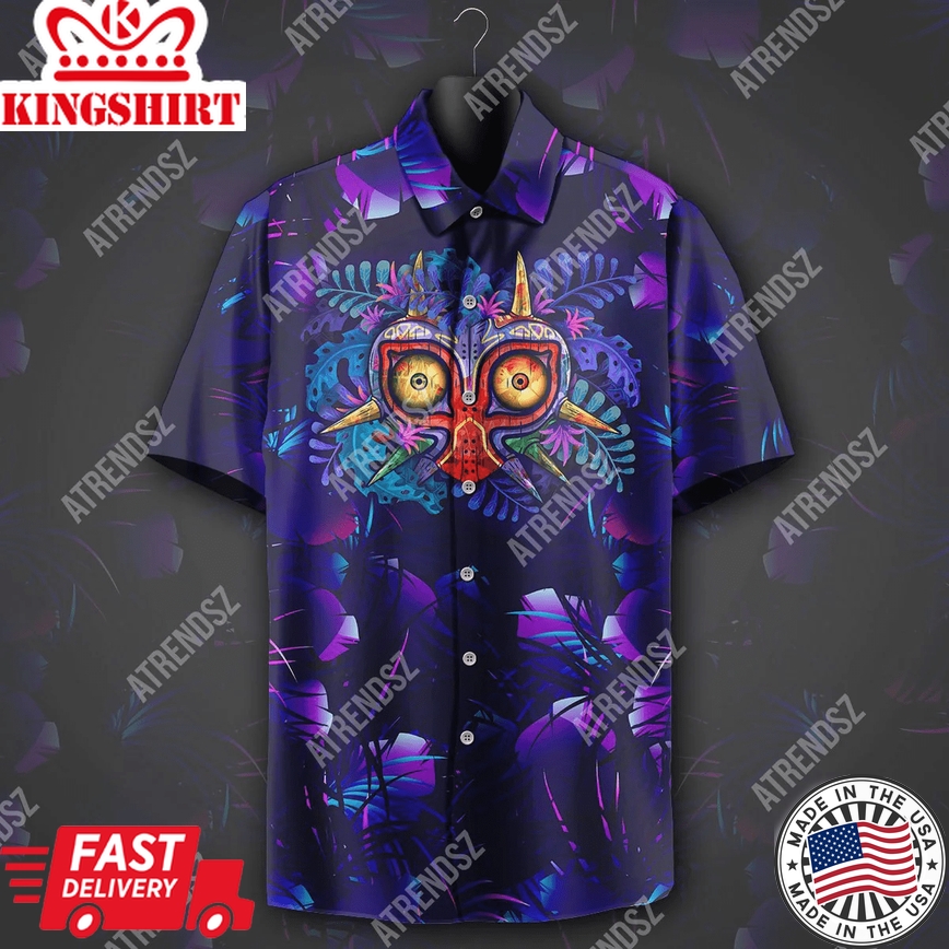 Legend Of Zelda Hawaii Shirt Majora's Mask Tropical Dark Blue Purple Trendy Hawaiian Shirt Legend Of Zelda Aloha Shirt