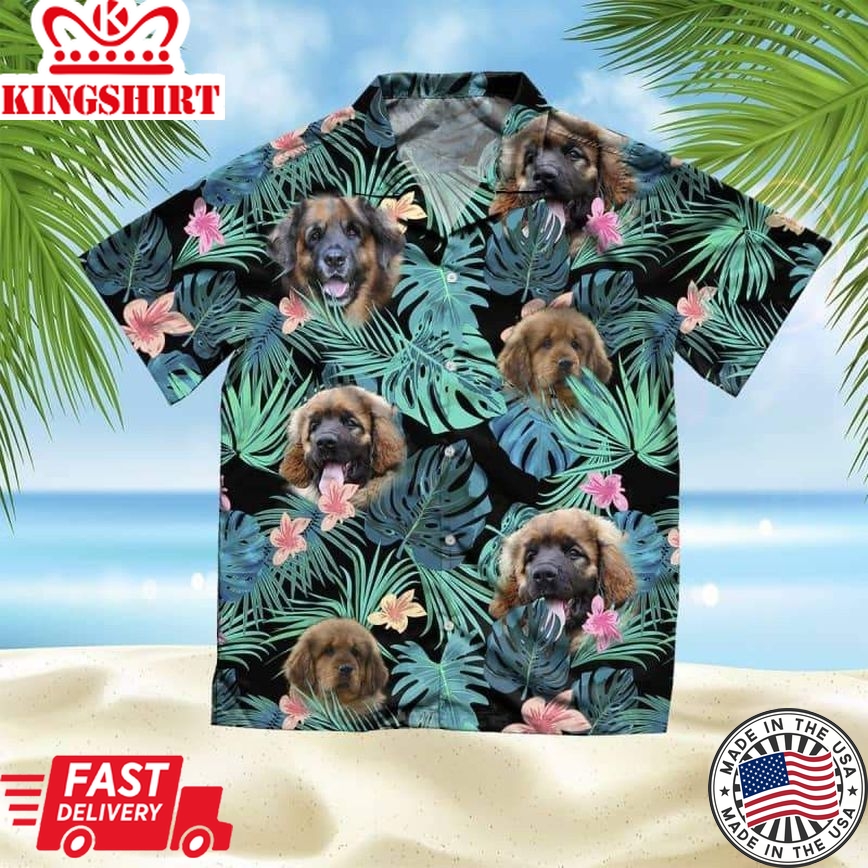 Leonberger Trendy Hawaiian Shirt, Dog Summer Leaves Trendy Hawaiian Shirt, Unisex Print Aloha Short Sleeve Casual Shirt Summer Gifts