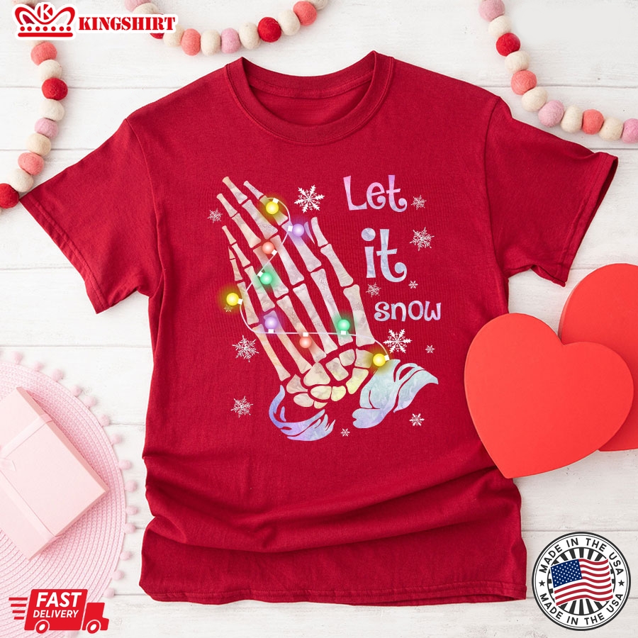 Let It Snow Skeleton Hand With Lights Christmas T-Shirt