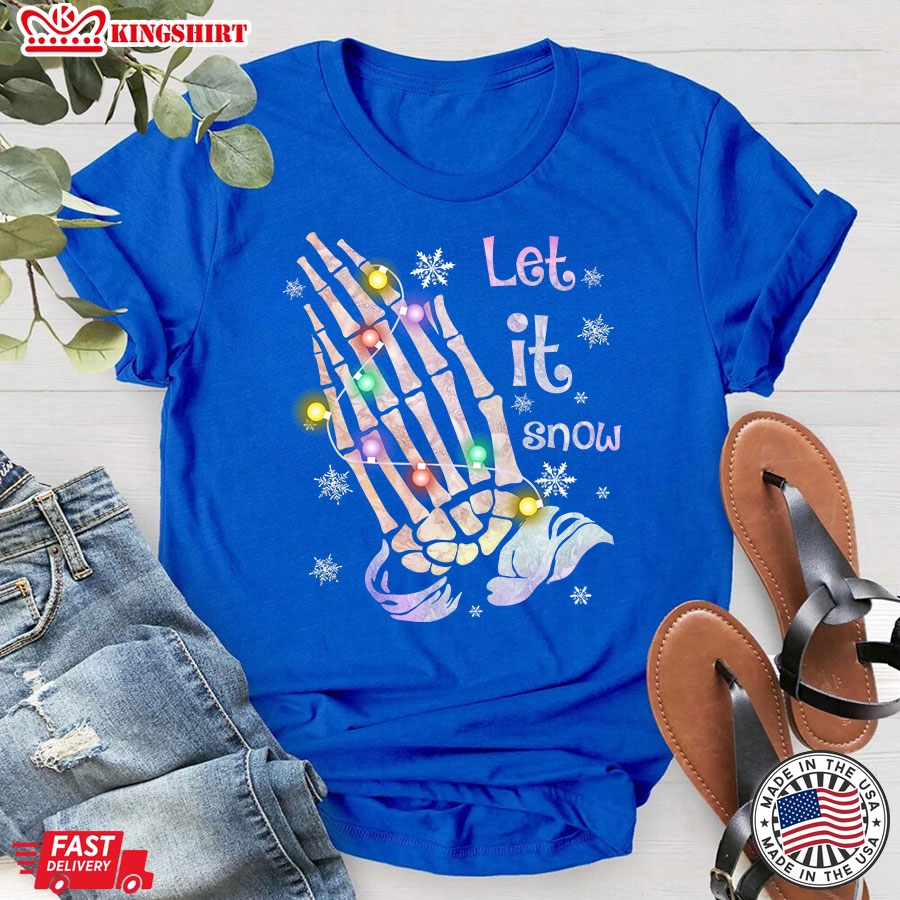 Let It Snow Skeleton Hand With Lights Christmas T-Shirt