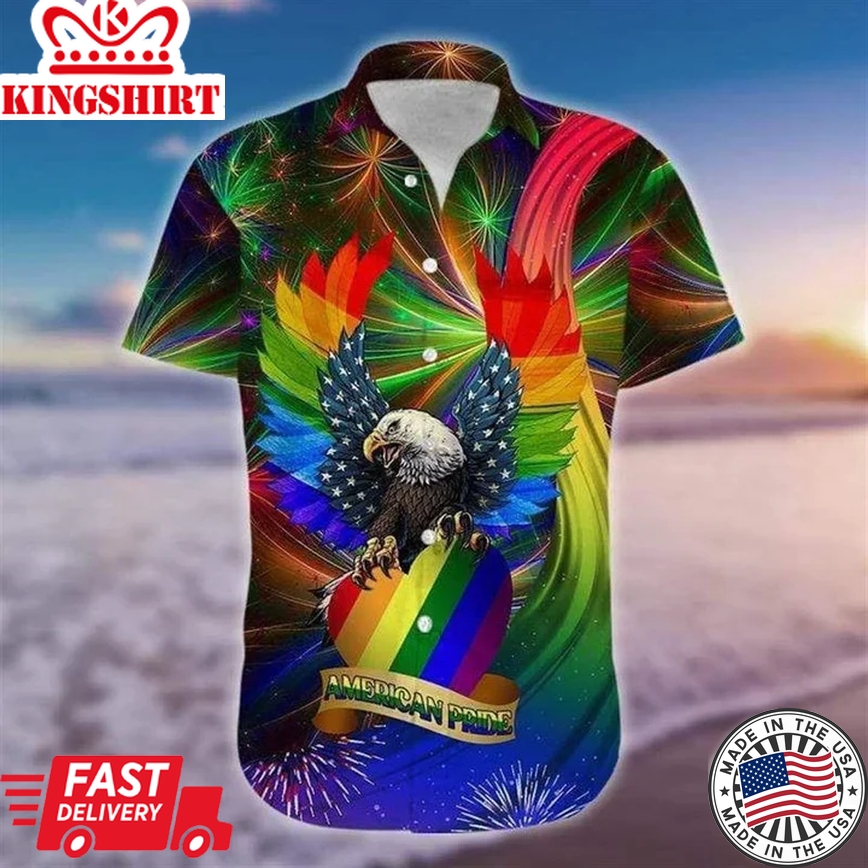 Lgbt Aloha Trendy Hawaiian Shirts For Summer, American Pride Eagle Usa Flag Rainbow Colorful Trendy Hawaiian Shirts