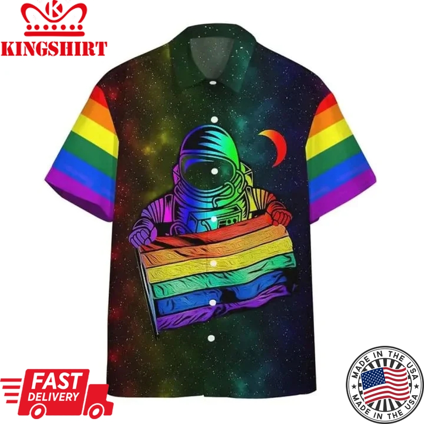 Lgbt Aloha Trendy Hawaiian Shirts For Summer, Astronaut Colorful Lgbt Rainbow Flag Galaxy Trendy Hawaiian Shirts