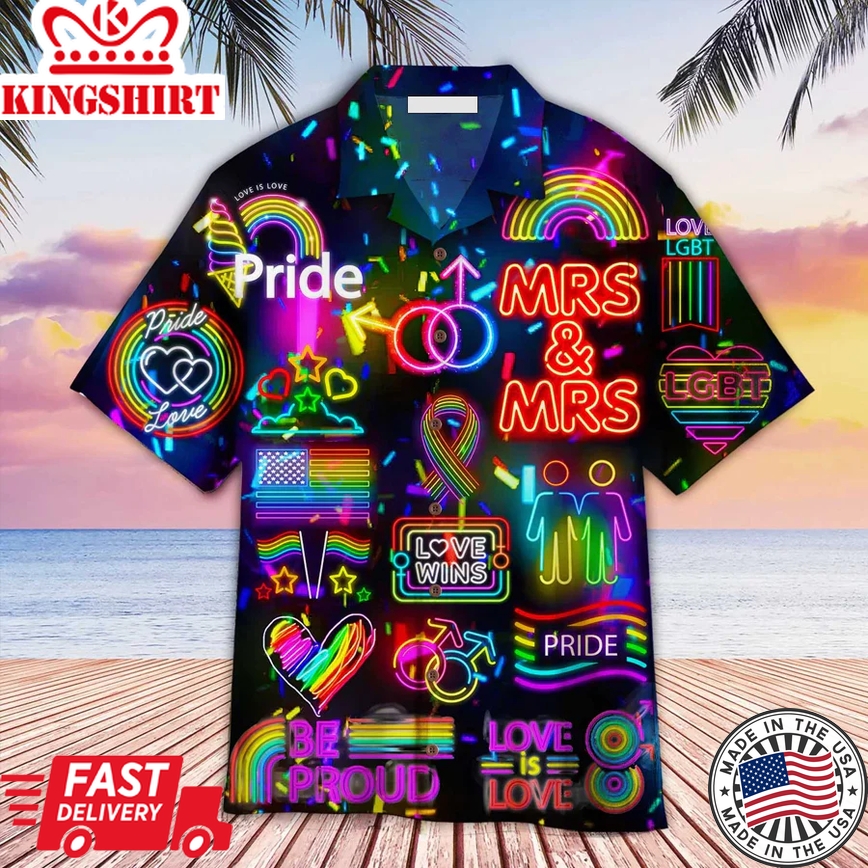 Lgbt Aloha Trendy Hawaiian Shirts For Summer, Love Wins Mrs & Mrs Gay Pride Month Colorful Rainbow Lgbt Trendy Hawaiian Shirts