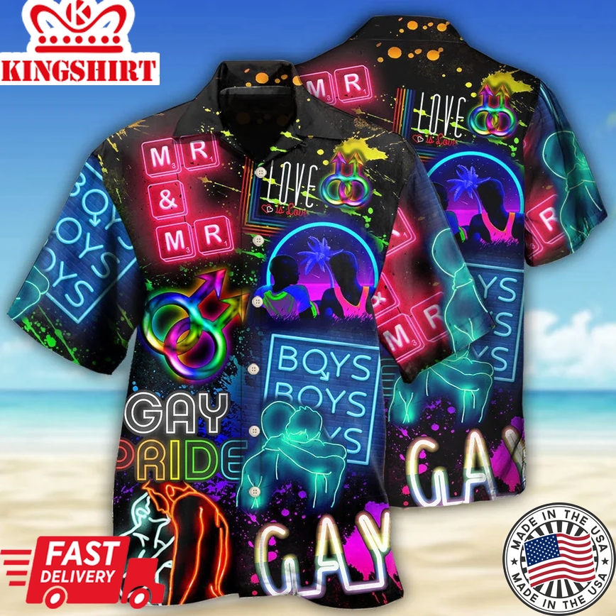 Lgbt Aloha Trendy Hawaiian Shirts For Summer, Neon Art Boy Gay Pride Colorful Rainbow Lgbt Trendy Hawaiian Shirts