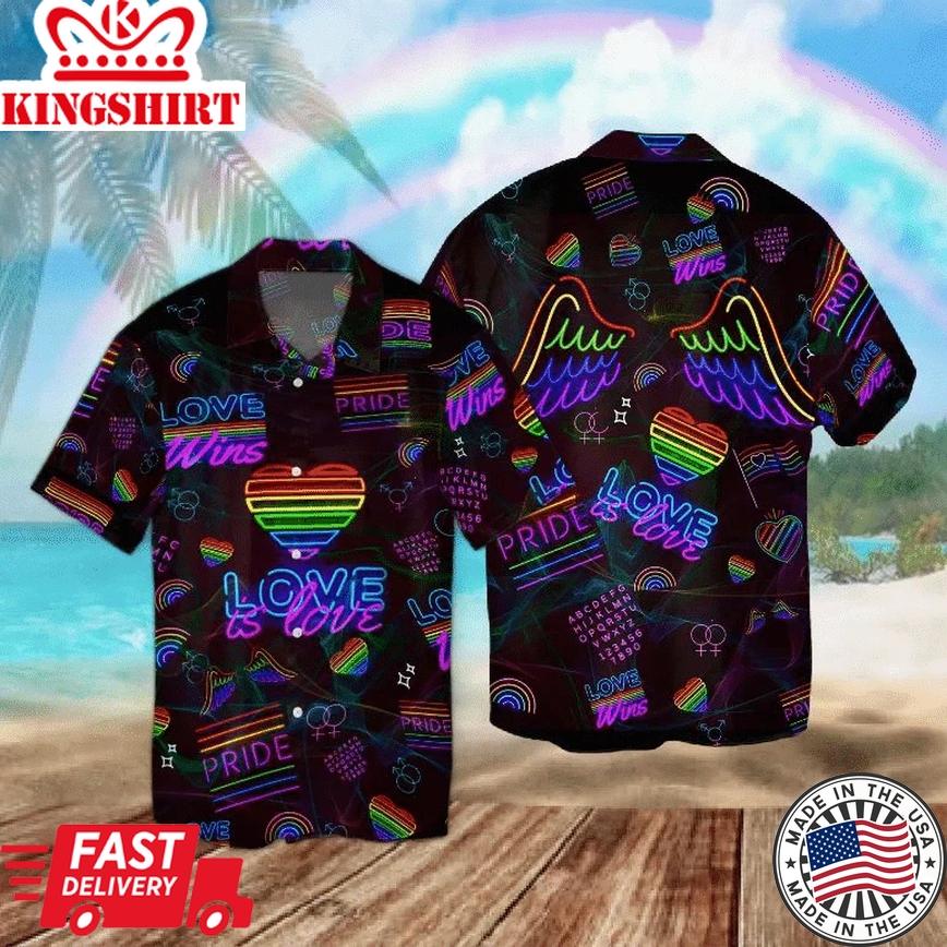 Lgbt Aloha Trendy Hawaiian Shirts For Summer, Neon Heart And Wings Rainbow Trendy Hawaiian Shirts For Men Women