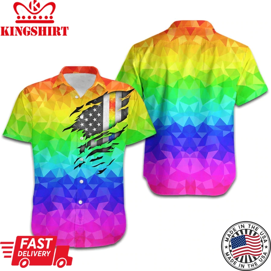 Lgbt Aloha Trendy Hawaiian Shirts For Summer, Polygonal American Flag Inside Colorful Rainbow Lgbt Trendy Hawaiian Shirts