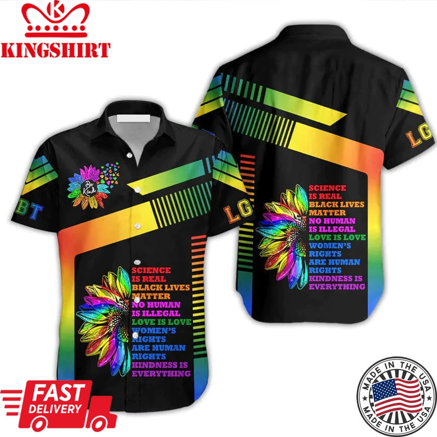 Lgbt Aloha Trendy Hawaiian Shirts For Summer, Sunflower Trans Pride Be Kind Rainbow Colorful Lgbt Trendy Hawaiian Shirts