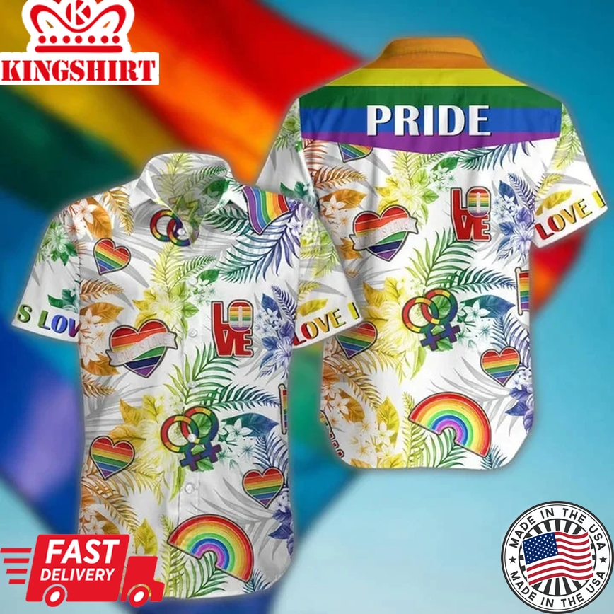 Lgbt Aloha Trendy Hawaiian Shirts For Summer, Tropical Heart Love Pattern Colorful Rainbow Lgbt Trendy Hawaiian Shirts