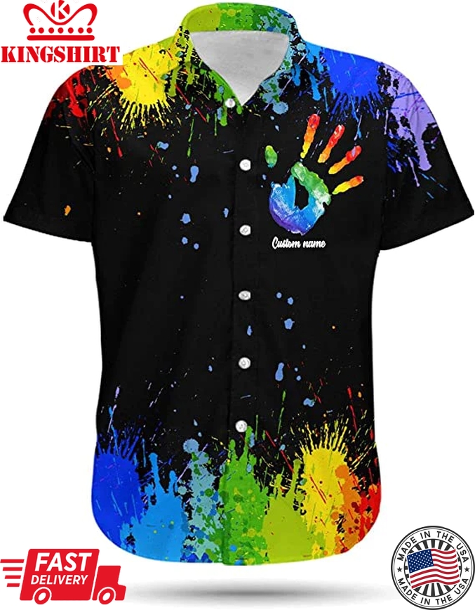 Lgbt Custom Name Aloha Trendy Hawaiian Shirts For Summer, Personalized Hand Rainbow Paint Colorful Lgbt Trendy Hawaiian Shirts