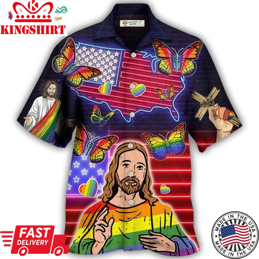 Lgbt Independence Day Jesus Butterfly Neon Hawaiian Shirt