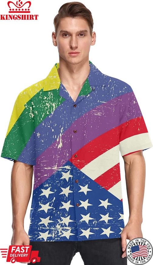 Lgbt Rainbow Men's Hawaiian Shirt American Flag Background