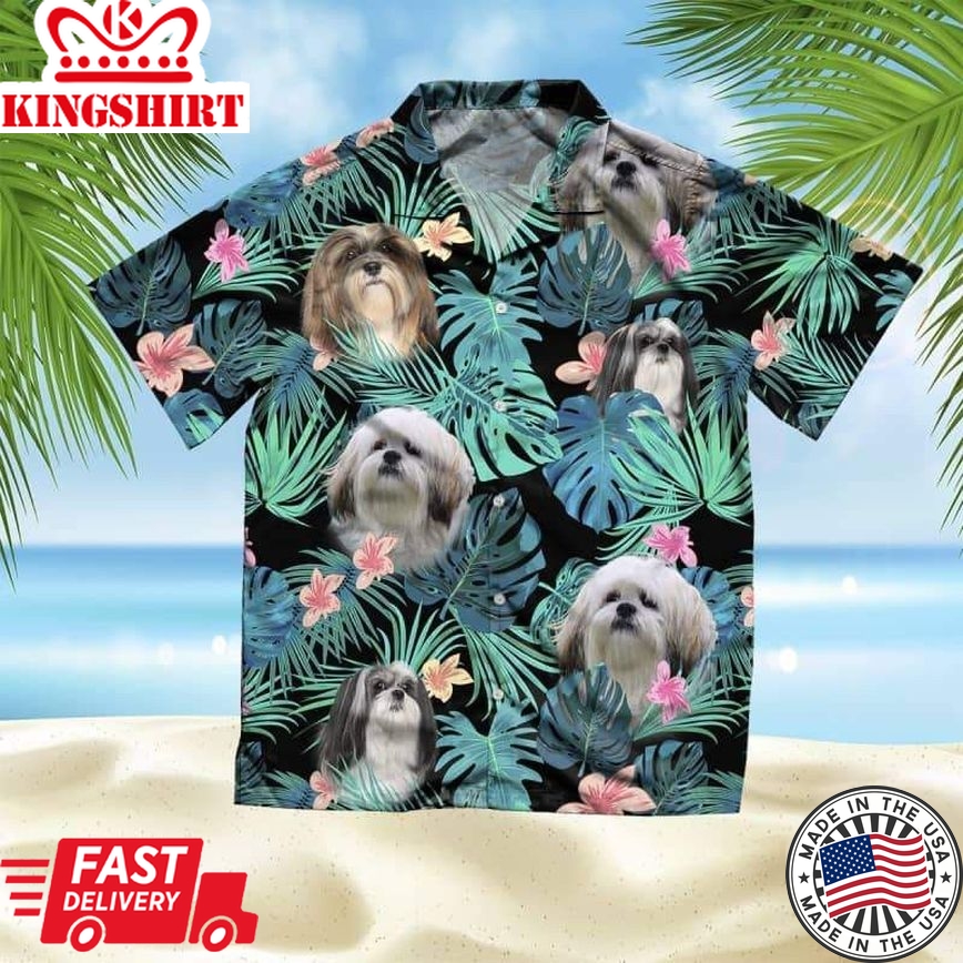 Lhasa Apso Trendy Hawaiian Shirt, Dog Summer Leaves Trendy Hawaiian Shirt, Unisex Print Aloha Short Sleeve Casual Shirt Summer Gifts