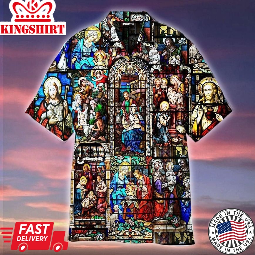 Life Of Jesus Stained Glass Window Trendy Hawaiian Shirt For