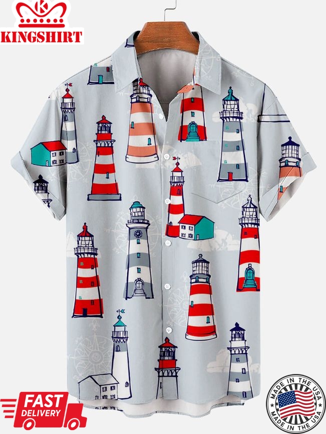 Lighthouse Cartoon Pattern Print Lapel Men's Short Aloha Hawaiian Shirt